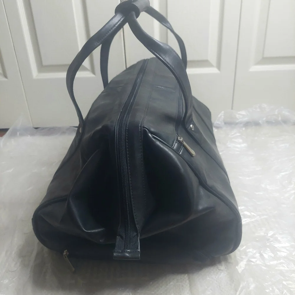 Leather Black Duffel Carry On With Wheels! Travel Bag!
